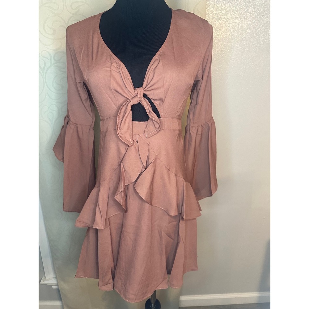 HAYDEN LOS ANGELES Rose Mauve Tie Front Ruffle Bell Sleeve Mini Dress Womens S - Picture 4 of 8